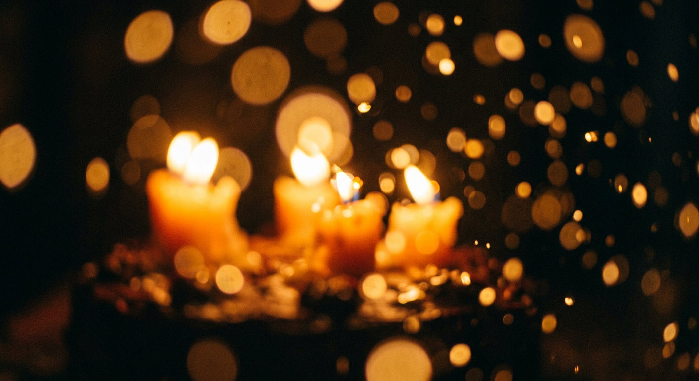 Des bougies d'anniversaire allumées dans le noir, la lumière floutée en bokeh doré.