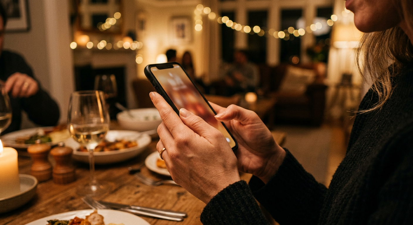 Des mains tiennent un téléphone dont l'écran s'allume doucement, lors d'un dîner de famille en soirée.