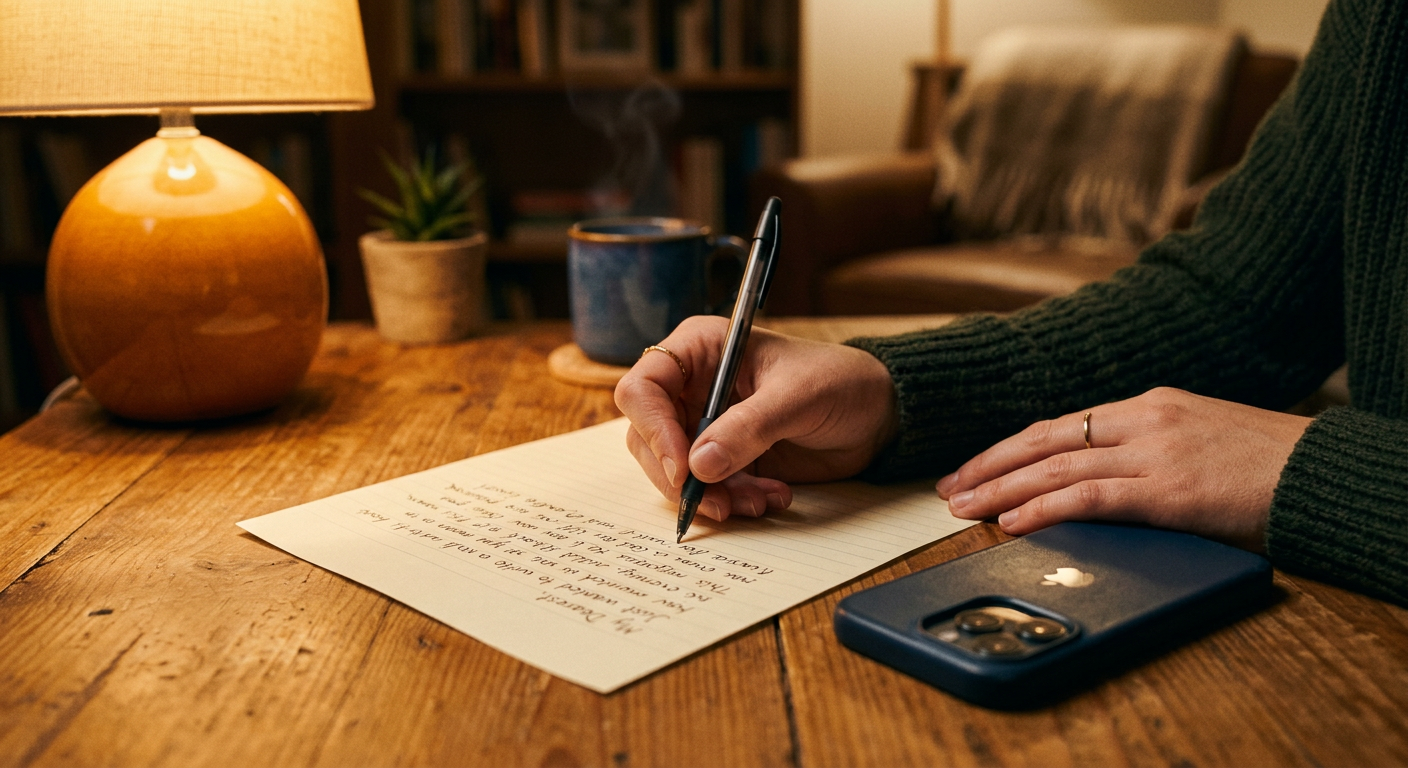 Des mains écrivent un mot à la main sur du papier, à côté d'un téléphone, sous la lumière chaude d'une lampe.