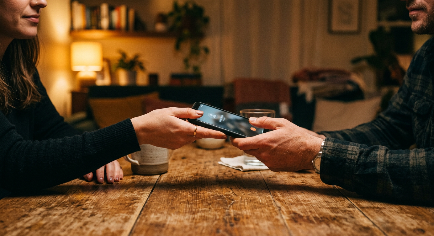 Deux personnes se passent un téléphone au-dessus d'une table en bois, le soir.