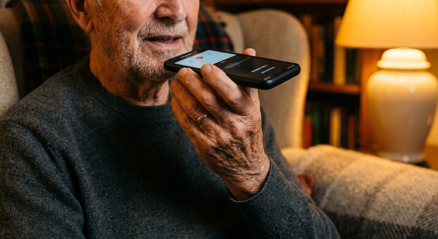 Un homme âgé parle doucement dans son téléphone pour enregistrer un message vocal.